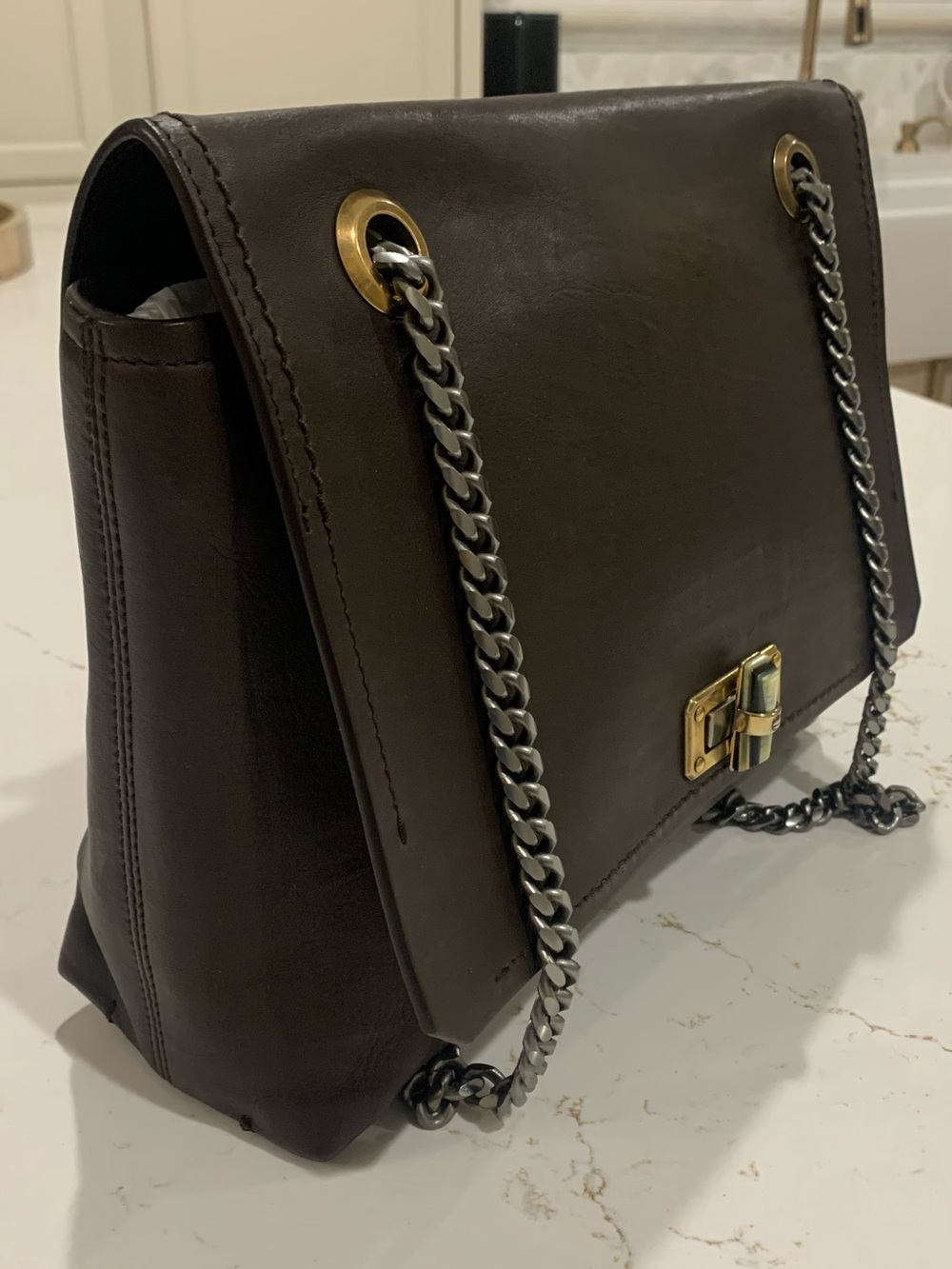 Lanvin Dark Brown Leather Zip Card Holder with Silver Logo